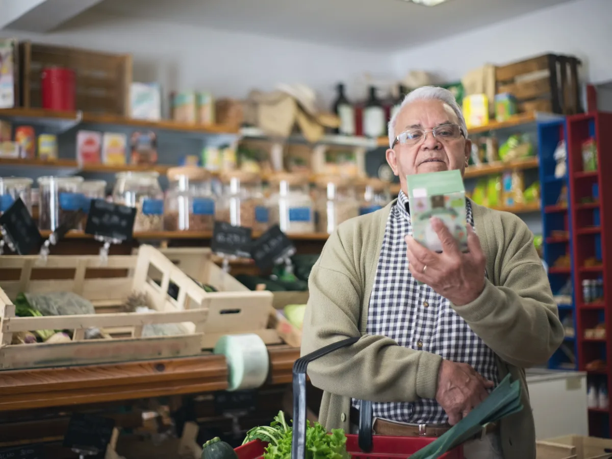 An older man reading the label on a product in a shop aisle