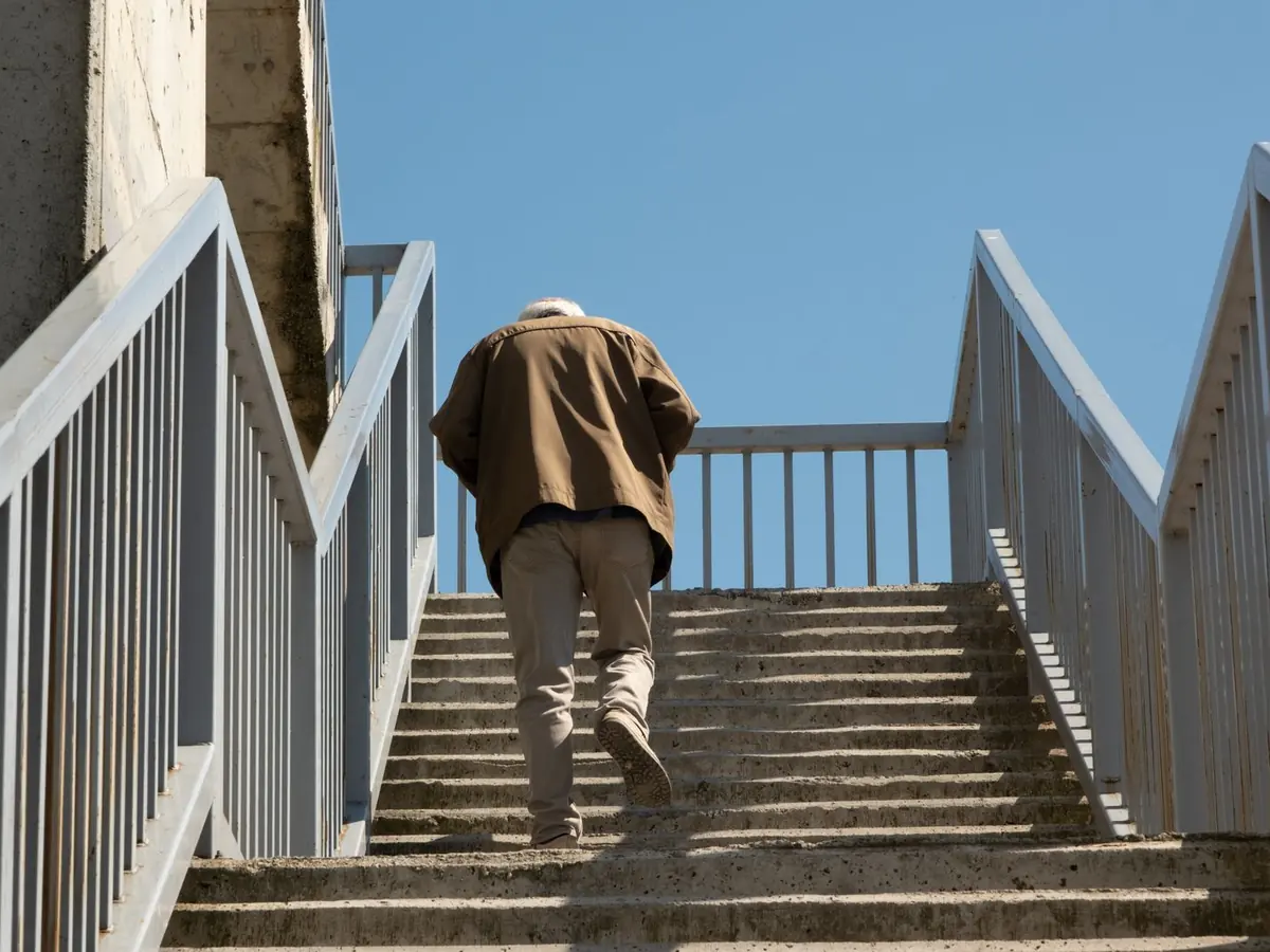 An older man in a brown jacket climbing a long flight of outdoor concrete steps between metal railings